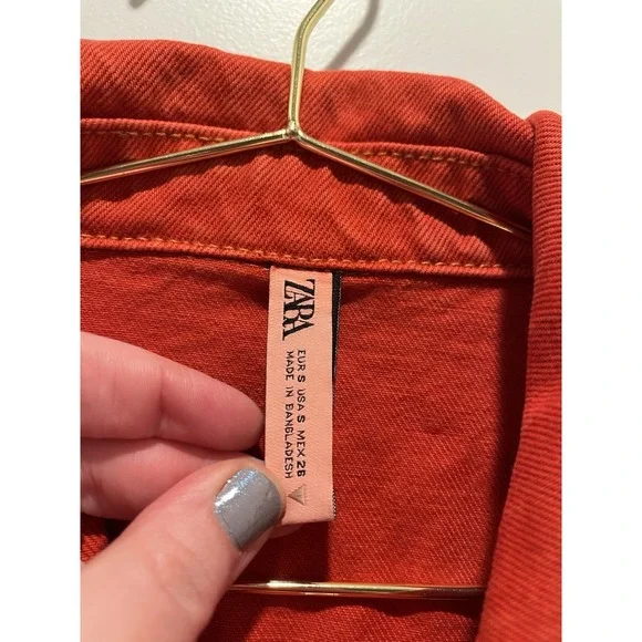 Zara Cropped Denim Jacket Dark Orange Size S Blogger Fav Cotton - Picture 7 of 8